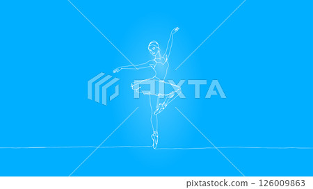 Ballerina performs elegant pose. Dress pointe shoes arms outstretched. Dance studios performance art websites. Minimalist line art style bright blue background illustration Ballerina performs elegant pose. Dress pointe shoes arms outstretched. Dance studios performance art websites. Minimalist line art style bright blue background illustration 126009863