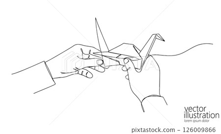 Line art depicts hands holding origami crane. Simple hand gestures paper bird. Art crafting mindfulness. Minimalist drawing clear white background vector style 126009866