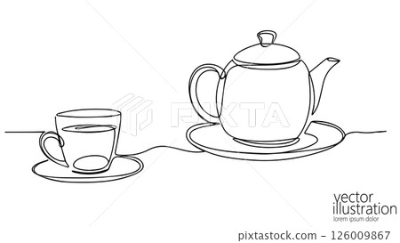 Tea set illustration single line. Teapot cup and saucer. Food and beverage restaurant cafe home rest. Minimalist drawing monochrome design isolated 126009867
