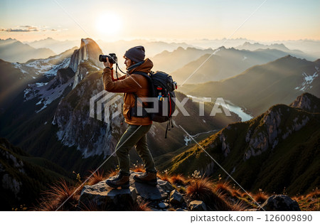 An Adventurous Photographer is Capturing the Beautiful Sunrise in the Majestic Mountains Today 126009890