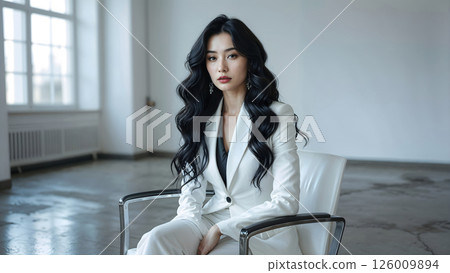 An Elegant Young Woman Posing Confidently in Her Stylish and Chic White Suit Attire An Elegant Young Woman Posing Confidently in Her Stylish and Chic White Suit Attire 126009894