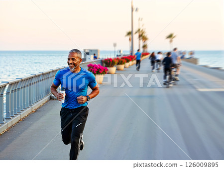 An Energetic Runner Enjoys the Vibrant Sunset While Jogging on the Coastal Boardwalk 126009895