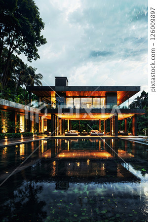 Discover a Stunning Modern Home Featuring a Reflective Pool Surrounded by Ambient Lighting 126009897