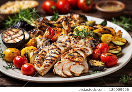 Deliciously Grilled Chicken Served Alongside Seasonal Vegetables and Juicy, Fresh Tomatoes Deliciously Grilled Chicken Served Alongside Seasonal Vegetables and Juicy, Fresh Tomatoes 126009906