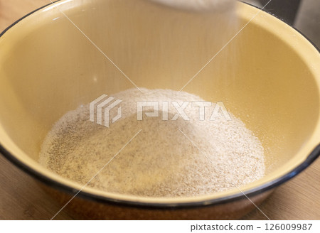 Close up shot of the sifted coarse rye flour 126009987