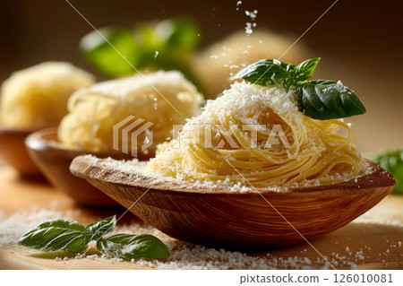 Fresh pasta with grated parmesan and basil 126010081