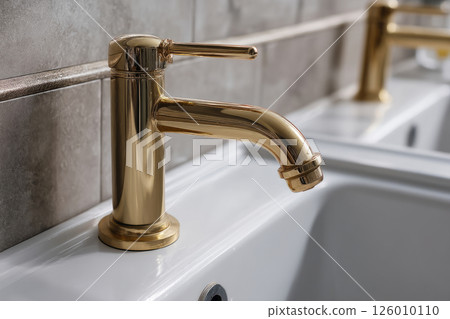 Brass faucet over white ceramic sink in modern bathroom 126010110