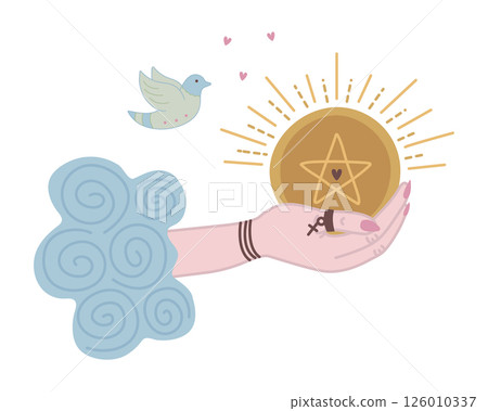 Ace of pentacles, tarot card symbol in boho style. The symbol of wealth 126010337