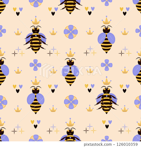 Bee queen seamless pattern, beekeeping and apiary background Bee queen seamless pattern, beekeeping and apiary background 126010359