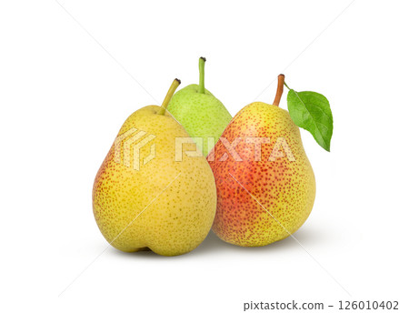 Pear with leaf isolated on white background. Green, yellow and red pear fruits. Pear with leaf isolated on white background. Green, yellow and red pear fruits. 126010402