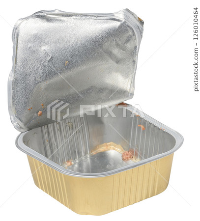 Opened and nearly empty aluminum pet food container with remnants of wet food inside 126010464