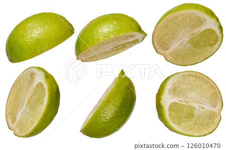 Various slices of ripe lime on isolated background Various slices of ripe lime on isolated background 126010470
