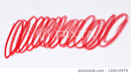 Hand drawn red scribble mark made with crayon or colored pencil on white textured paper Hand drawn red scribble mark made with crayon or colored pencil on white textured paper 126010479