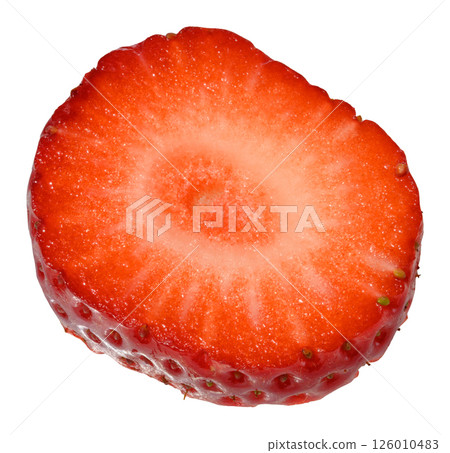Round piece of ripe red strawberry on isolated background 126010483