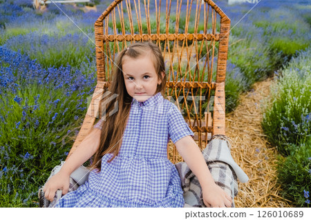 The rocking chair with the checkered blanket stands among purple flowers. The rocking chair with the checkered blanket stands among purple flowers. 126010689