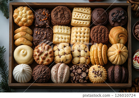 Variety of bakes and cookies in on a wooden trading tray on a white background. Variety of bakes and cookies in on a wooden trading tray on a white background. 126010724