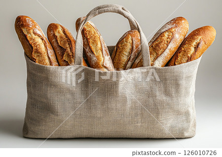Reusable shopping bag made of fabric with bread baguettes inside on a white background. 126010726