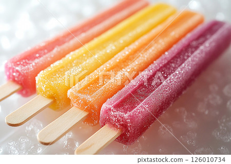 Popsicle with rainbow colors on a long stick on a white background. Summer fun. Retro style. Popsicle with rainbow colors on a long stick on a white background. Summer fun. Retro style. 126010734