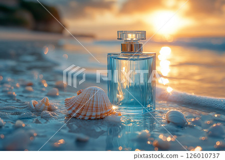Modern perfume bottle adorned with water droplets and a subtle light reflection on summer beach background. Modern perfume bottle adorned with water droplets and a subtle light reflection on summer beach background. 126010737