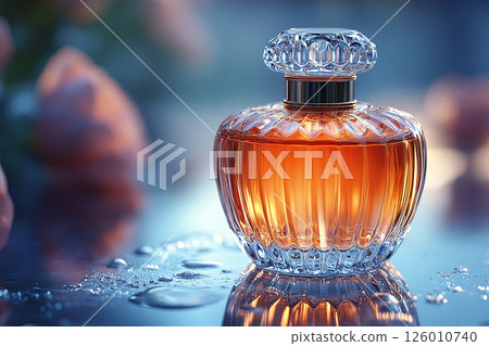 Premium perfume bottle covered in dew drops. Luxury fragrance marketing, product photography and beauty blogs. Premium perfume bottle covered in dew drops. Luxury fragrance marketing, product photography and beauty blogs. 126010740