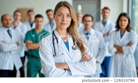 Portrait of happy multiethnic medical team standing against white background 126010794