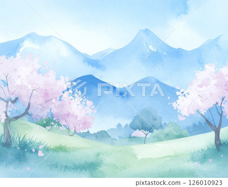 櫻花和白雪皚皚的山脈春天的圖像插圖 126010923