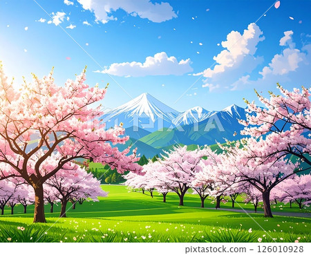 Cherry blossoms and snow-covered mountains Spring image illustration 126010928