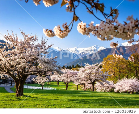 Cherry blossoms and snow-covered mountains Spring image illustration 126010929