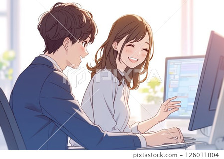 Male and female business people in suits creating performance presentation materials_Illustration 2 126011004