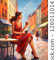 Elegant woman in red dress drinking coffee at a Parisian cafe, romantic morning light, artistic oil painting style, vibrant European street, classic charm, fashionable scene, sunny ambiance 126011014
