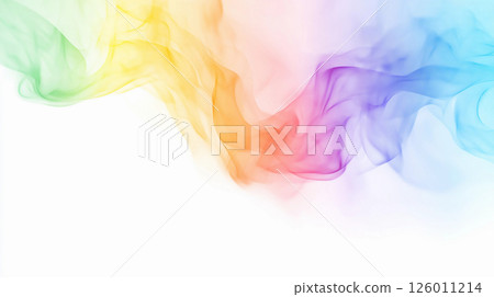 Colorful swirling smoke on white background creates a vibrant and dynamic visual effect with soft gradients and flowing patterns 126011214