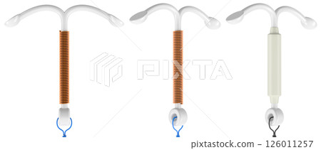 Intrauterine Contraceptive Device. Hormonal and Non-hormonal Copper T-shaped IUDs with removal strings. 3D rendering 126011257