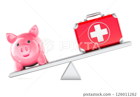 Piggy bank and first aid kit on balance scale. 3D rendering 126011262