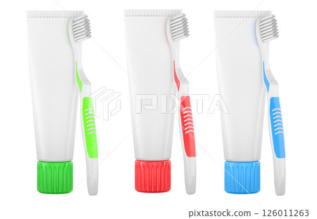 Set of toothpaste tubes with toothbrushes. 3D rendering 126011263