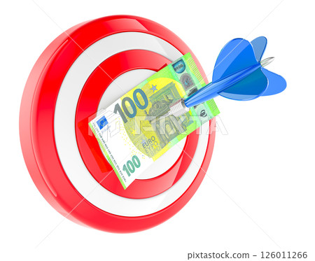 Target with pinned 100 euro banknote in bullseye. Successful business, concept. 3D rendering 126011266