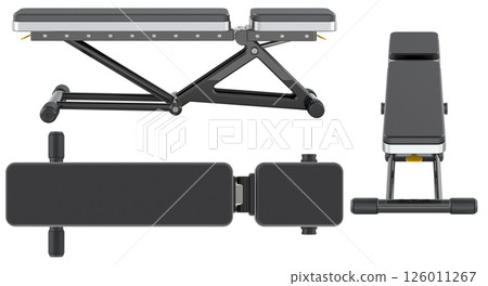Universal Training Bench. Top, side and front views. 3D rendering Universal Training Bench. Top, side and front views. 3D rendering 126011267