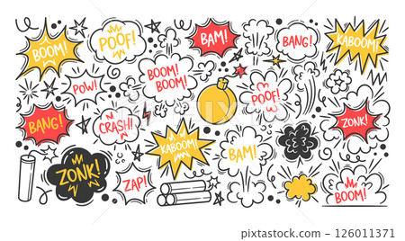 Comic bomb boom set with cartoon speech bubbles, funny lettering, explosion and splash effects 126011371