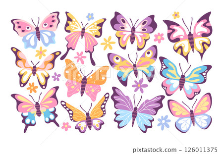 Beautiful butterflies with flower blossoms set in pastel color for baby shower or party invitation 126011375