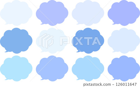 A set of blue speech bubbles. Fluffy cloud shape. Available in a variety of colors. The tip of the speech bubble is at the bottom left. 126011647