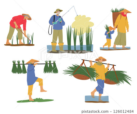 Asian farmers cartoon character working on rice plantation cultivating natural food product 126012484