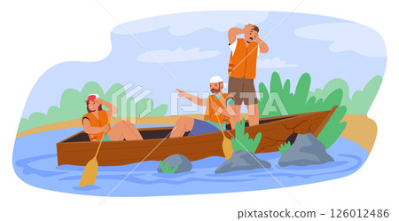 Worried nervous people sport crew having troubles during rafting activity on river cartoon scene Worried nervous people sport crew having troubles during rafting activity on river cartoon scene 126012486