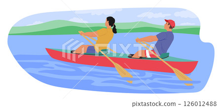 Man and woman partner enjoying double rafting teamwork racing in boat in calm river cartoon scene 126012488