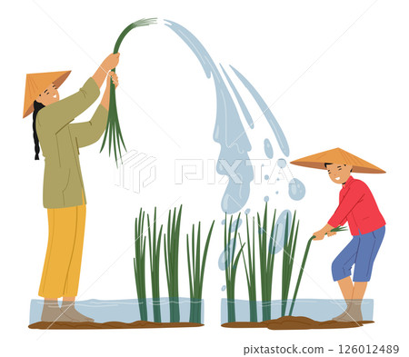 Happy asian farmer family cartoon characters in conical hats watering rice agricultural plant scene 126012489