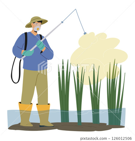 Asian farmer pollinating plants spraying pesticides on rice plantation agricultural field scene Asian farmer pollinating plants spraying pesticides on rice plantation agricultural field scene 126012506