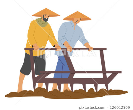 Asian farmers cartoon characters loosening and digging up ground of agricultural field scene 126012509