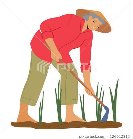 Asian farmer cartoon character weeding plantation with long-handled gardening tool isolated scene Asian farmer cartoon character weeding plantation with long-handled gardening tool isolated scene 126012513