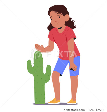 Adorable girl child cartoon character touching prickly cactus showcasing human sense exploration 126012516