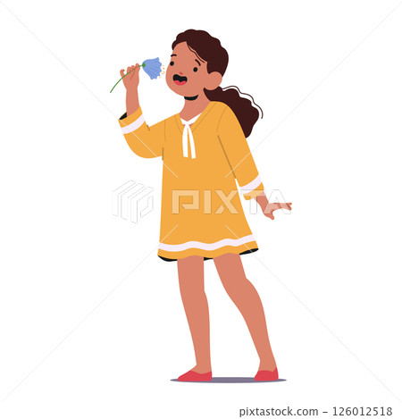 Cute little girl cartoon character smelling fragrant flower demonstrating human sense development Cute little girl cartoon character smelling fragrant flower demonstrating human sense development 126012518