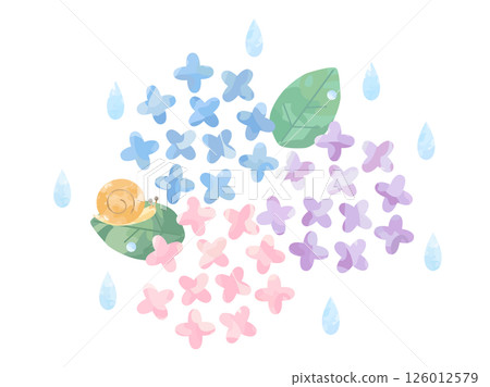 水彩風格的三種顏色雨水、蝸牛和繡球花插圖 126012579