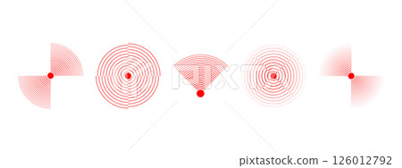 Pain localization icons. Red concentric circles. Sore or inflammation symbols. Pulse, vibration or radiation signs. Shock wave, radar or sound signal pictograms. Vector illustration 126012792